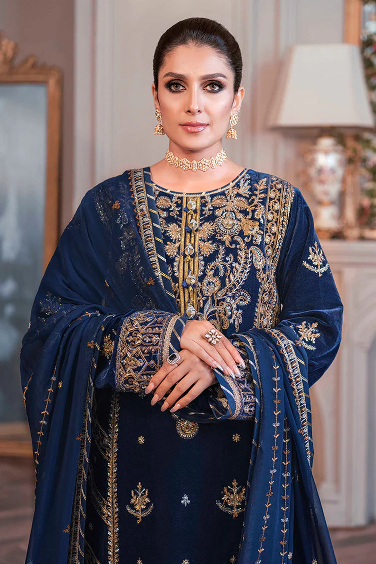 ASIM JOFA-3PC VELVET EMBROIDERED SHIRT WITH CHIFFON EMBROIDERED DUPATTA & TROUSER-W.J-2029