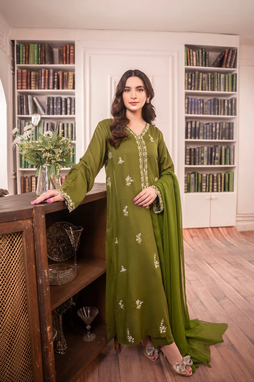 SAPPHIRE-3PC DHANAK EMBROIDERED SHIRT WITH CHIFFON DUPATTA AND TROUSER-W.J-1446