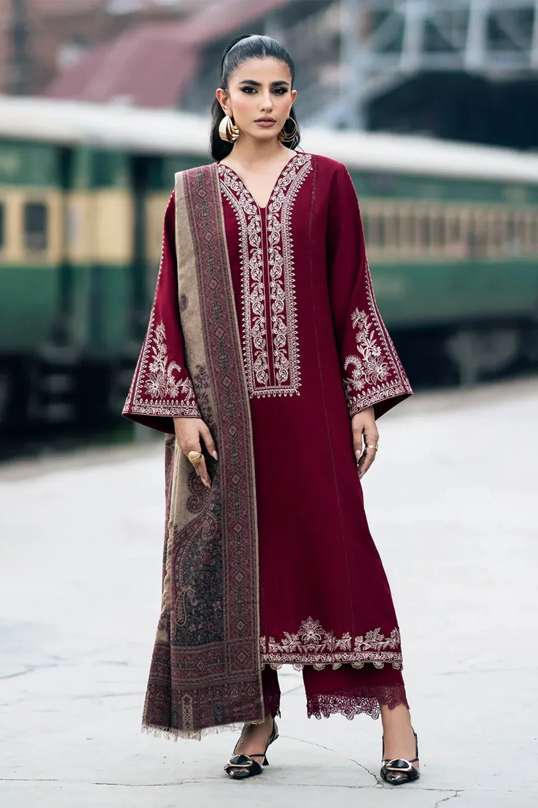 IZEL-3PC DHANAK EMBROIDERED SHIRT WITH COUTRAI PRINTED SHAWL AND TROUSER-W.J-1035