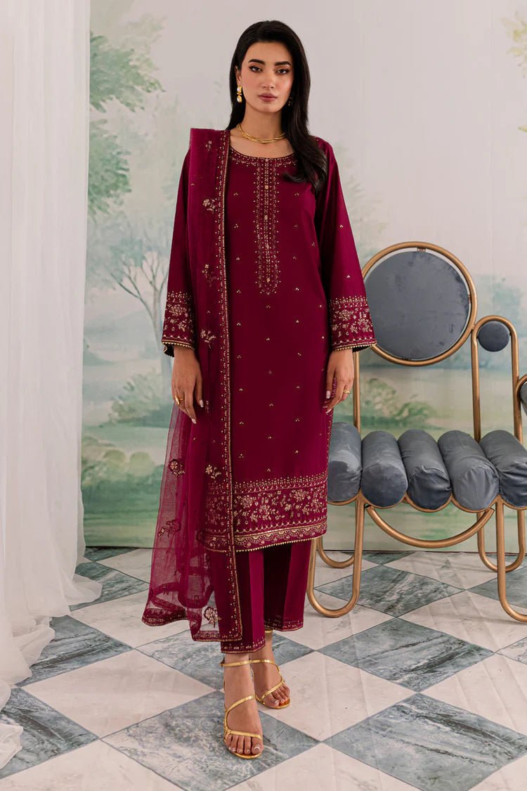 JAZMIN-3PC DHANAK EMBROIDERED SHIRT WITH ORGANZA EMBROIDERED DUPATTA AND TROUSER -WJ-1930
