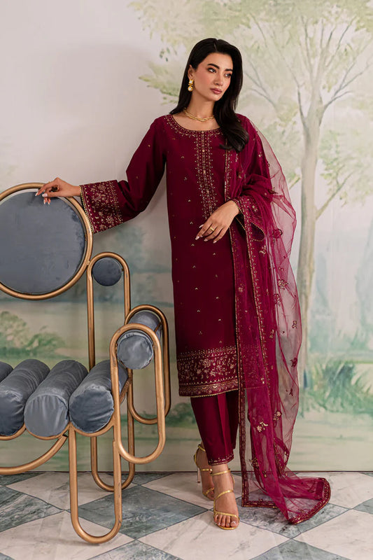 JAZMIN-3PC DHANAK EMBROIDERED SHIRT WITH ORGANZA EMBROIDERED DUPATTA AND TROUSER -WJ-1930