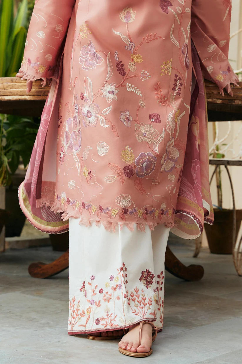 ZARA SHAH JAHAN- 3PC DHANAK EMBROIDERED SHIRT WITH COUTRAI PRINTED SHAWL & EMB TROUSER-W.J-1677