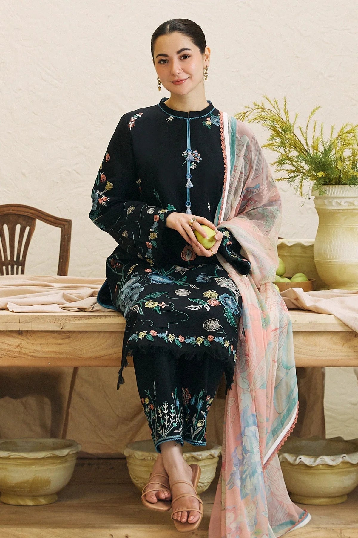 ZAHRA SHAHJAHAN- 3PC DHANAK EMBROIDERED SHIRT WITH WOOL PRINT SHAWL-W.J-1154