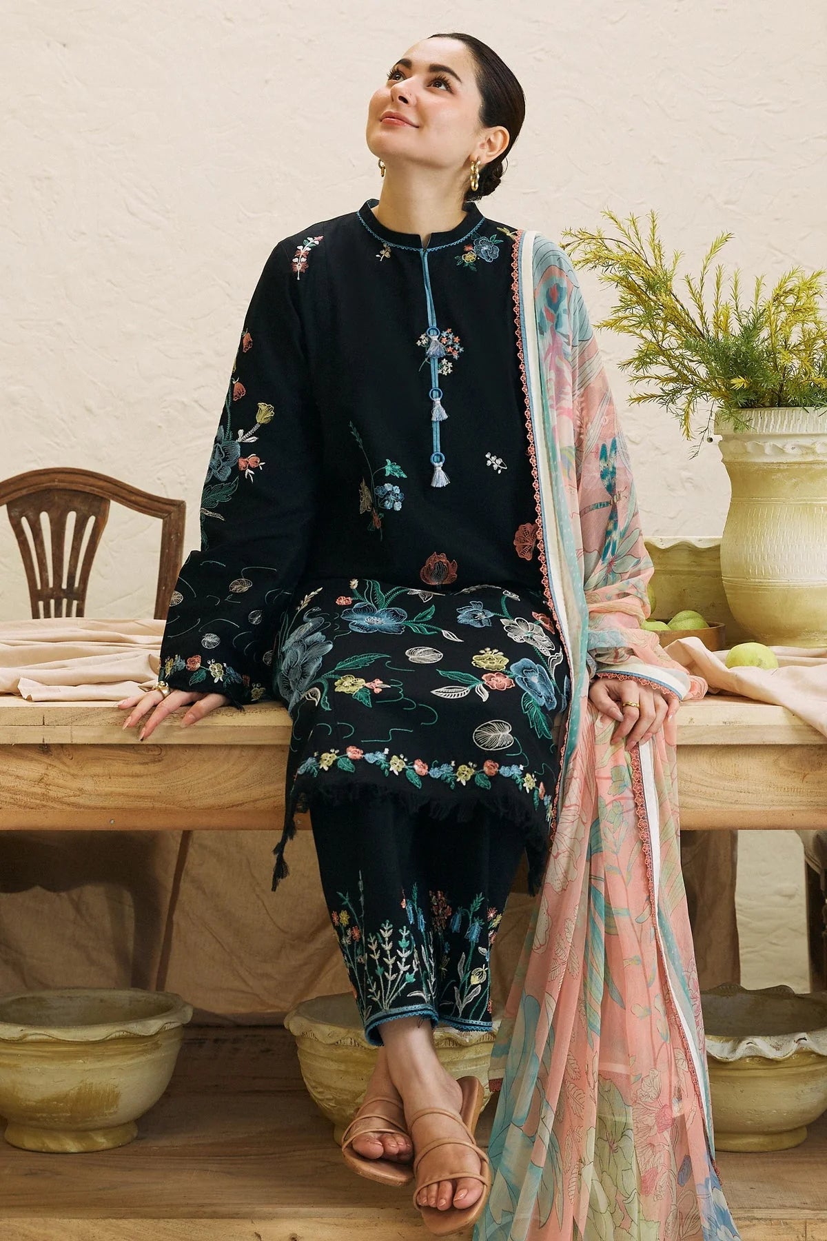 ZAHRA SHAHJAHAN- 3PC DHANAK EMBROIDERED SHIRT WITH WOOL PRINT SHAWL-W.J-1154