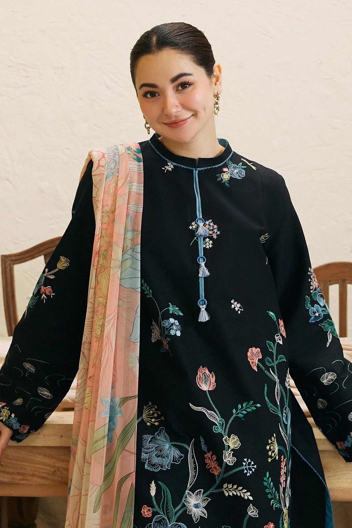 ZAHRA SHAHJAHAN- 3PC DHANAK EMBROIDERED SHIRT WITH WOOL PRINT SHAWL-W.J-1154