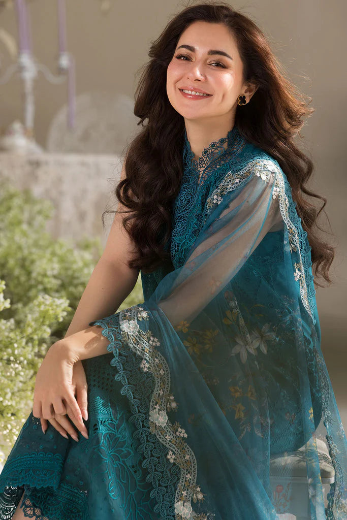 SOBIA NAZIR-3PC DHANAK CHIKAN EMBROIDERED SHIRT WITH COURTRAI PRINTED SHAWL AND TROUSER W.J-1659