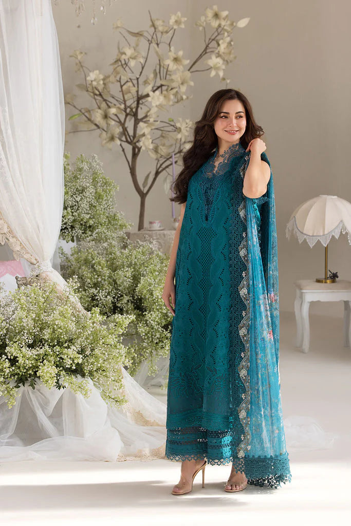 SOBIA NAZIR-3PC DHANAK CHIKAN EMBROIDERED SHIRT WITH COURTRAI PRINTED SHAWL AND TROUSER W.J-1659