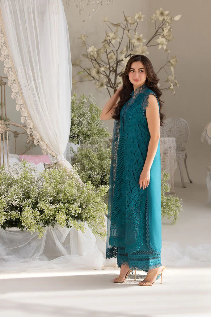SOBIA NAZIR-3PC DHANAK CHIKAN EMBROIDERED SHIRT WITH COURTRAI PRINTED SHAWL AND TROUSER W.J-1659