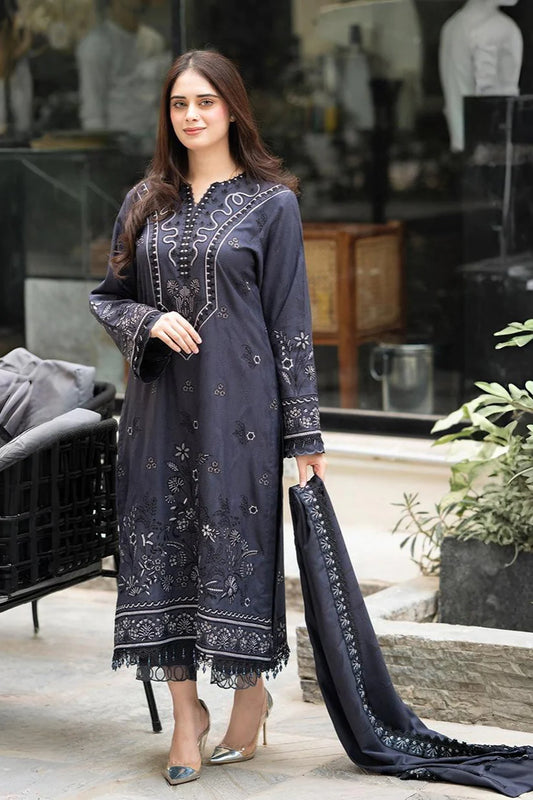LIBAAS-3PC DHANAK EMBROIDERED SHIRT WITH DHANAK EMBROIDERED SHAWL & TROUSER_W.J-1899