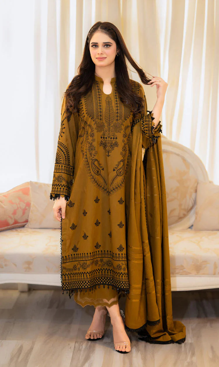 LIBAAS-3PC DHANAK EMBROIDERED SHIRT WITH DHANAK EMBROIDERED SHAWL & EMB TROUSER-W.J-1330