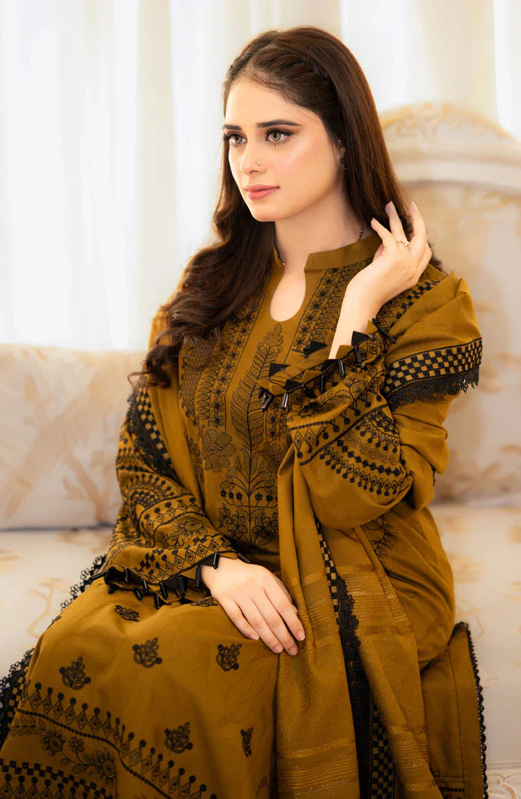 LIBAAS-3PC DHANAK EMBROIDERED SHIRT WITH DHANAK EMBROIDERED SHAWL & EMB TROUSER-W.J-1330