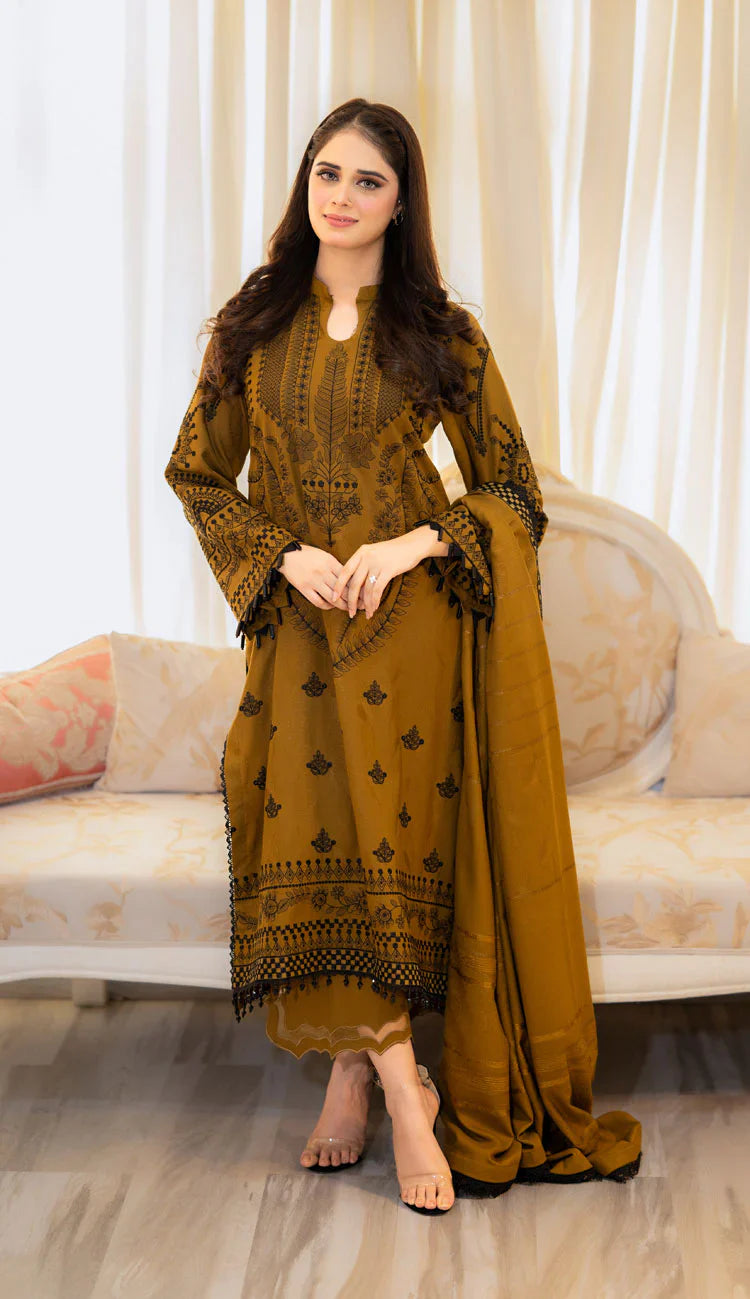 LIBAAS-3PC DHANAK EMBROIDERED SHIRT WITH DHANAK EMBROIDERED SHAWL & EMB TROUSER-W.J-1330