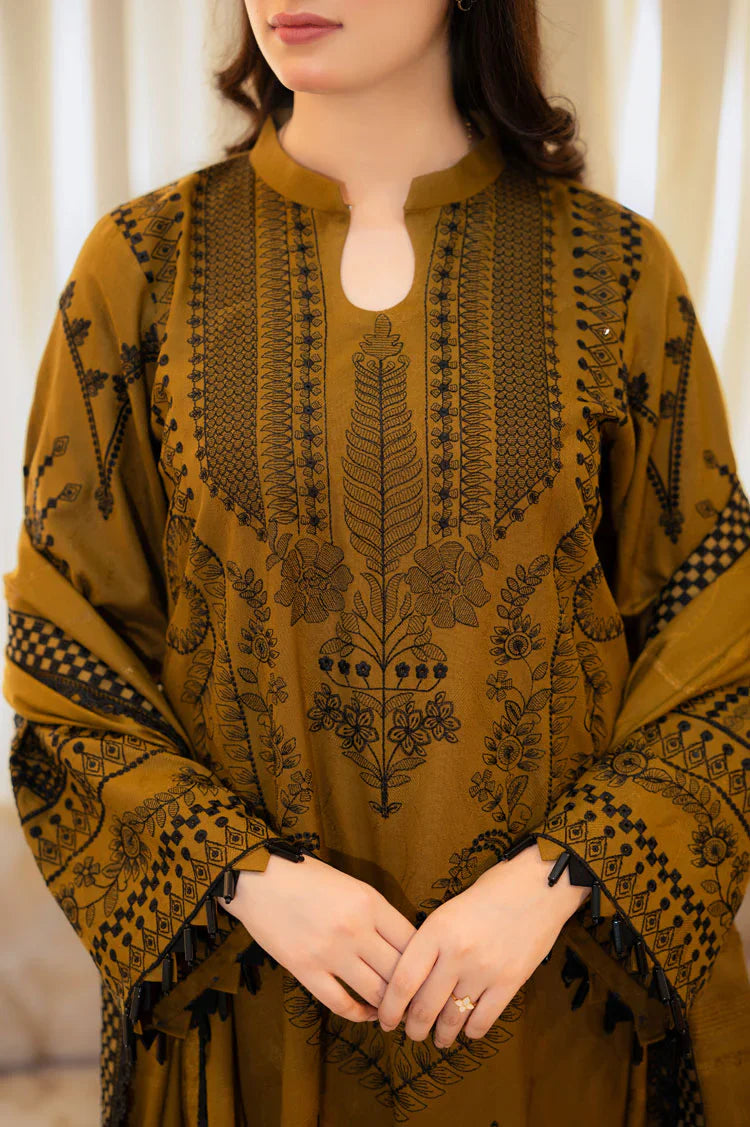 LIBAAS-3PC DHANAK EMBROIDERED SHIRT WITH DHANAK EMBROIDERED SHAWL & EMB TROUSER-W.J-1330
