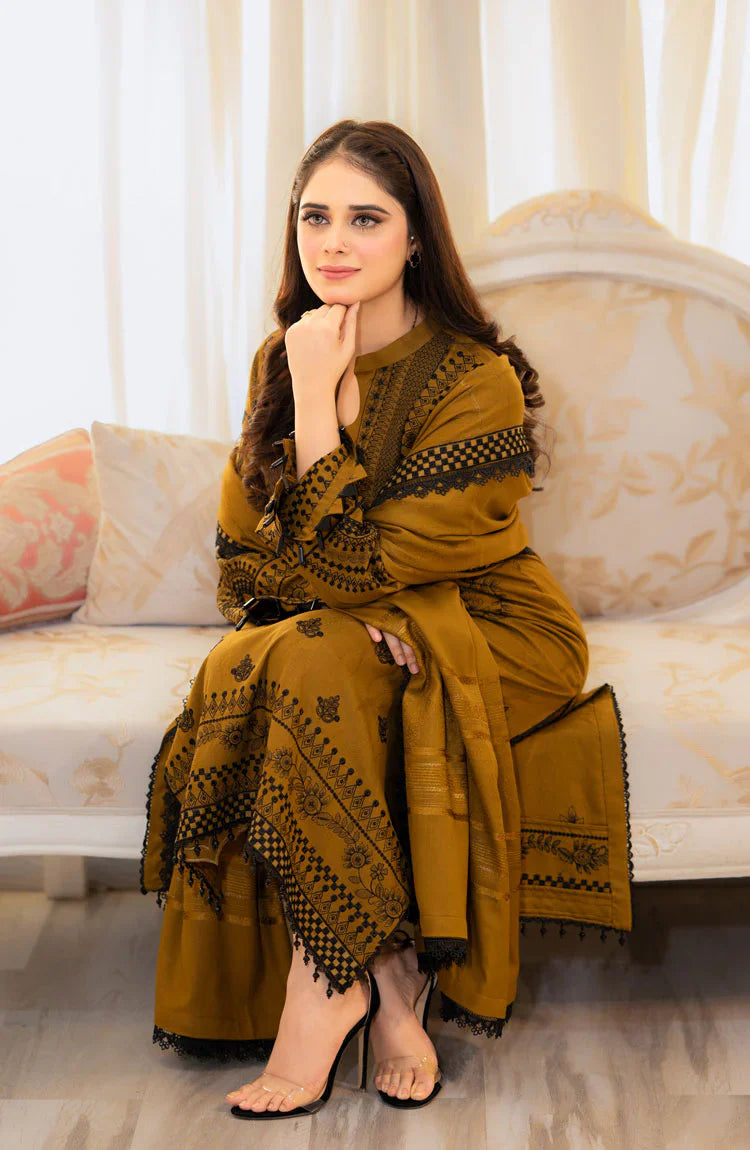 LIBAAS-3PC DHANAK EMBROIDERED SHIRT WITH DHANAK EMBROIDERED SHAWL & EMB TROUSER-W.J-1330