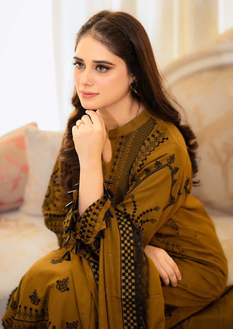 LIBAAS-3PC DHANAK EMBROIDERED SHIRT WITH DHANAK EMBROIDERED SHAWL & EMB TROUSER-W.J-1330