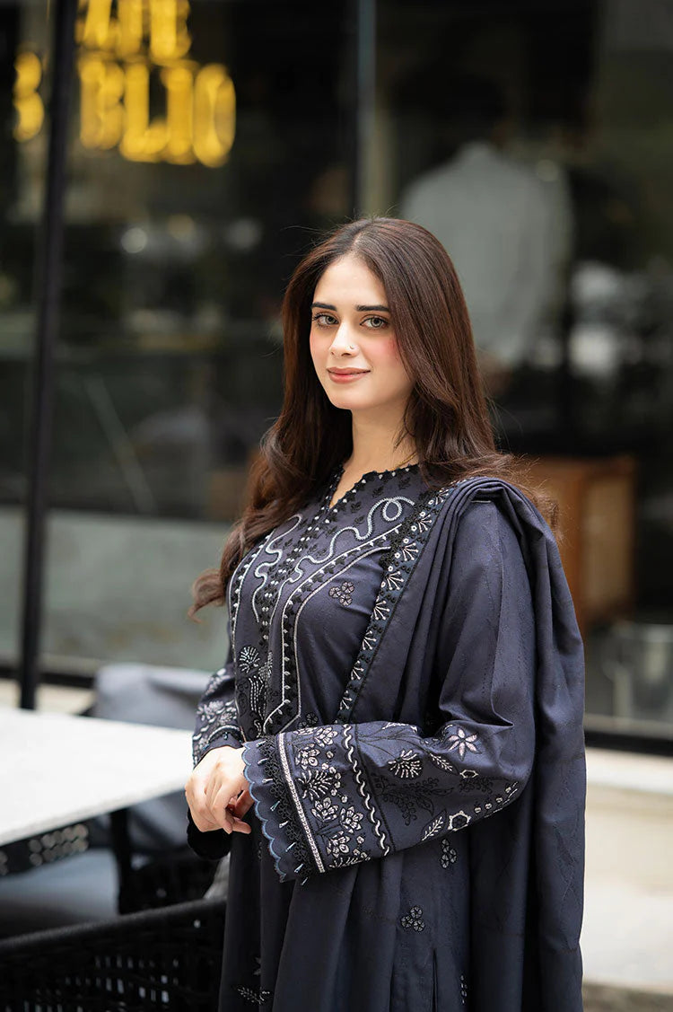 LIBAAS-3PC DHANAK EMBROIDERED SHIRT WITH DHANAK EMBROIDERED SHAWL & TROUSER_W.J-1899