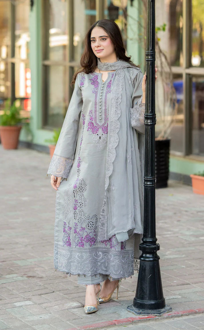 LIBAAS-3PC DHANAK EMBROIDERED SHIRT WITH CHIFFON EMBROIDERED DUPATTA AND TROUSER -W.J-1786