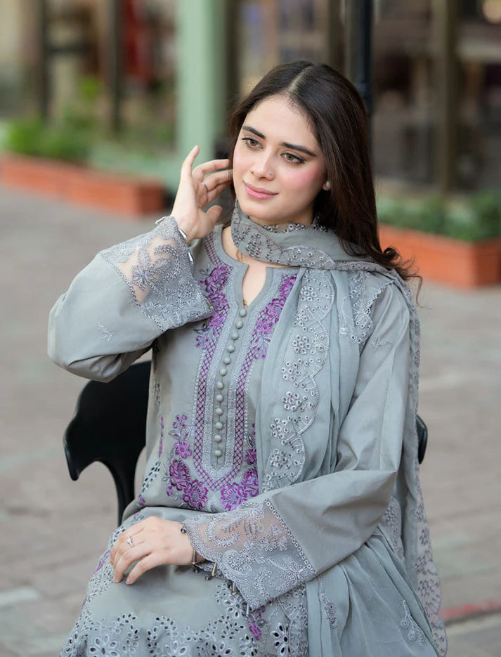 LIBAAS-3PC DHANAK EMBROIDERED SHIRT WITH CHIFFON EMBROIDERED DUPATTA AND TROUSER -W.J-1786
