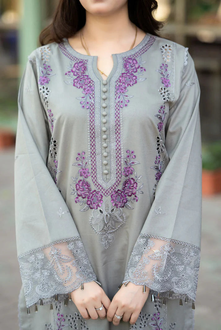 LIBAAS-3PC DHANAK EMBROIDERED SHIRT WITH CHIFFON EMBROIDERED DUPATTA AND TROUSER -W.J-1786