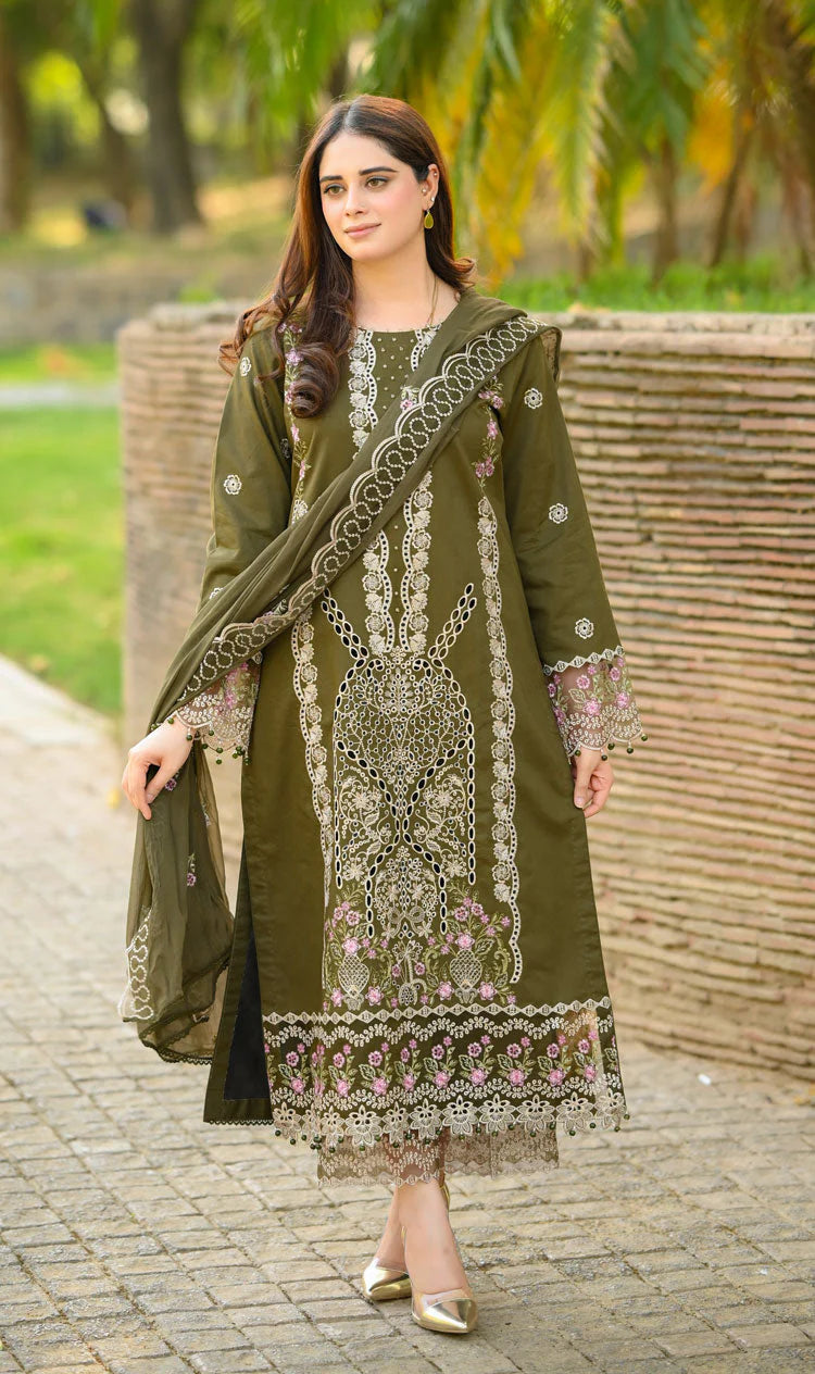 LIBAAS-3PC KARANDI EMBROIDERED SHIRT WITH KARANDI EMBROIDERED SHAWL & EMB TROUSER-W.J-1957