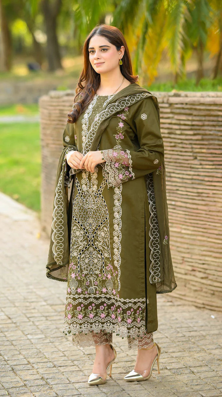 LIBAAS-3PC KARANDI EMBROIDERED SHIRT WITH KARANDI EMBROIDERED SHAWL & EMB TROUSER-W.J-1957