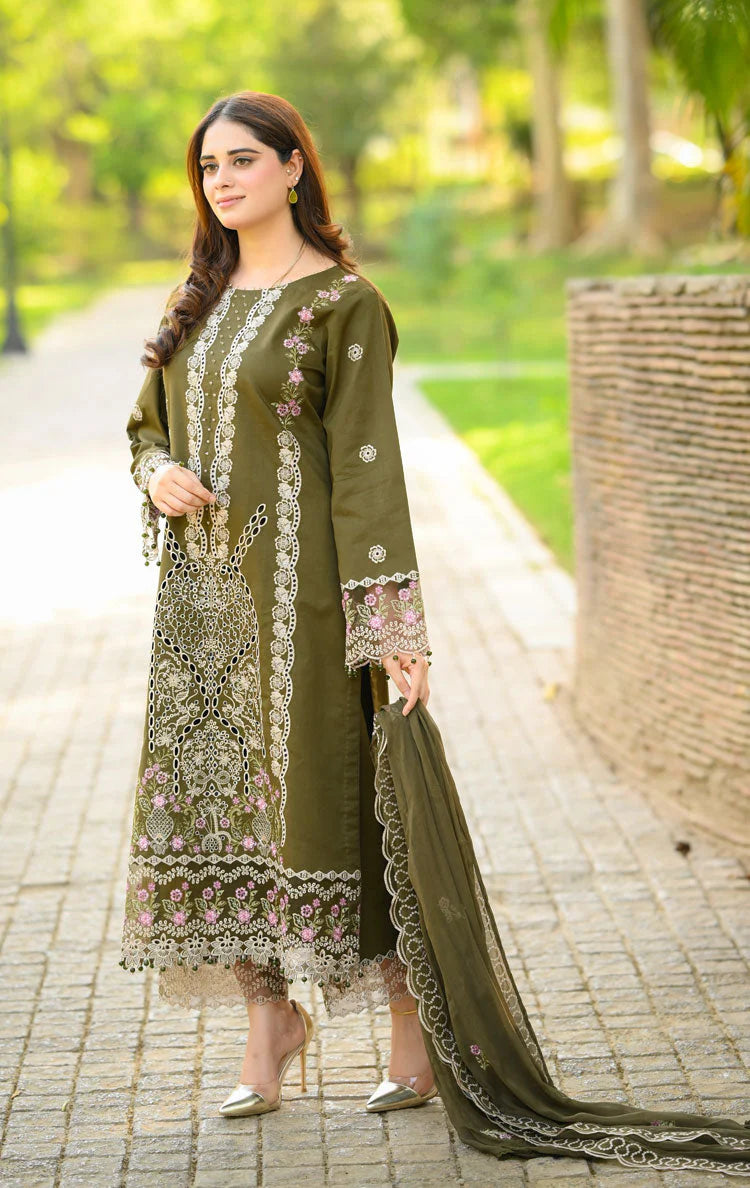 LIBAAS-3PC KARANDI EMBROIDERED SHIRT WITH KARANDI EMBROIDERED SHAWL & EMB TROUSER-W.J-1957