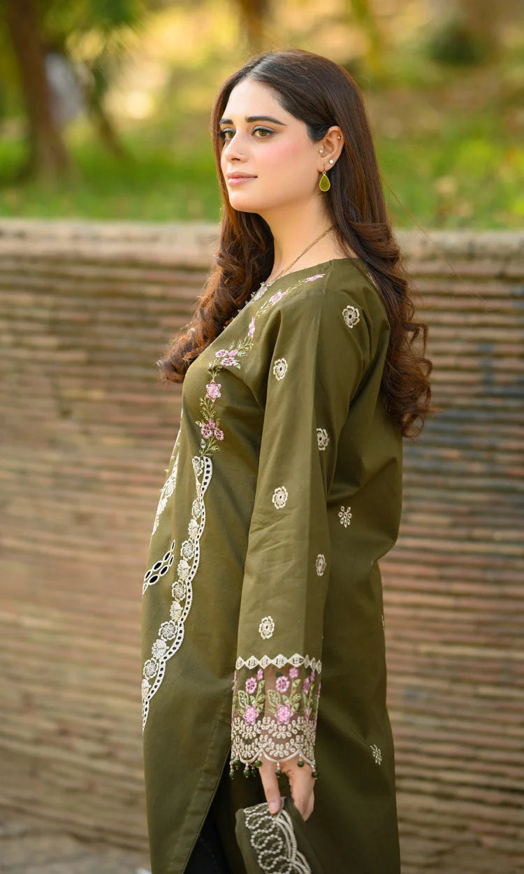 LIBAAS-3PC KARANDI EMBROIDERED SHIRT WITH KARANDI EMBROIDERED SHAWL & EMB TROUSER-W.J-1957