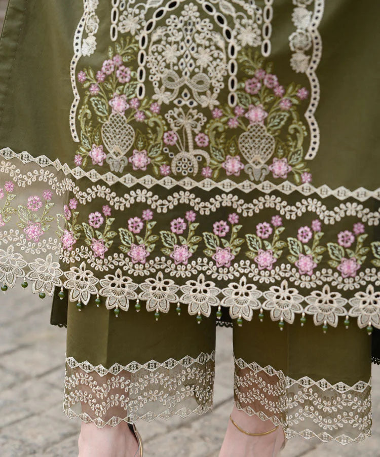 LIBAAS-3PC KARANDI EMBROIDERED SHIRT WITH KARANDI EMBROIDERED SHAWL & EMB TROUSER-W.J-1957