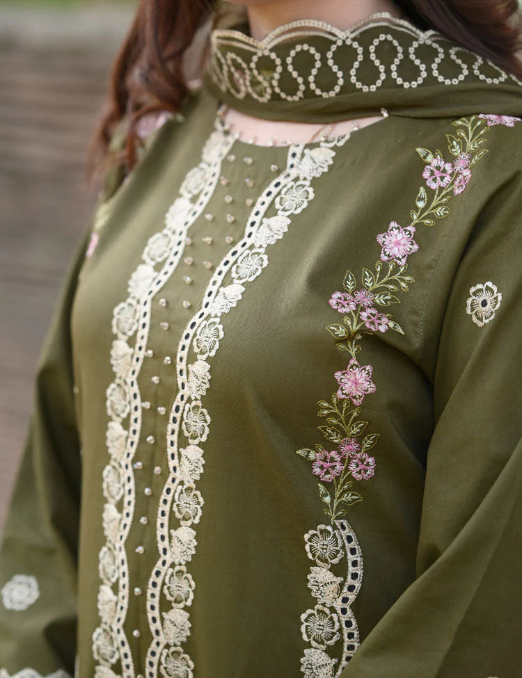 LIBAAS-3PC KARANDI EMBROIDERED SHIRT WITH KARANDI EMBROIDERED SHAWL & EMB TROUSER-W.J-1957