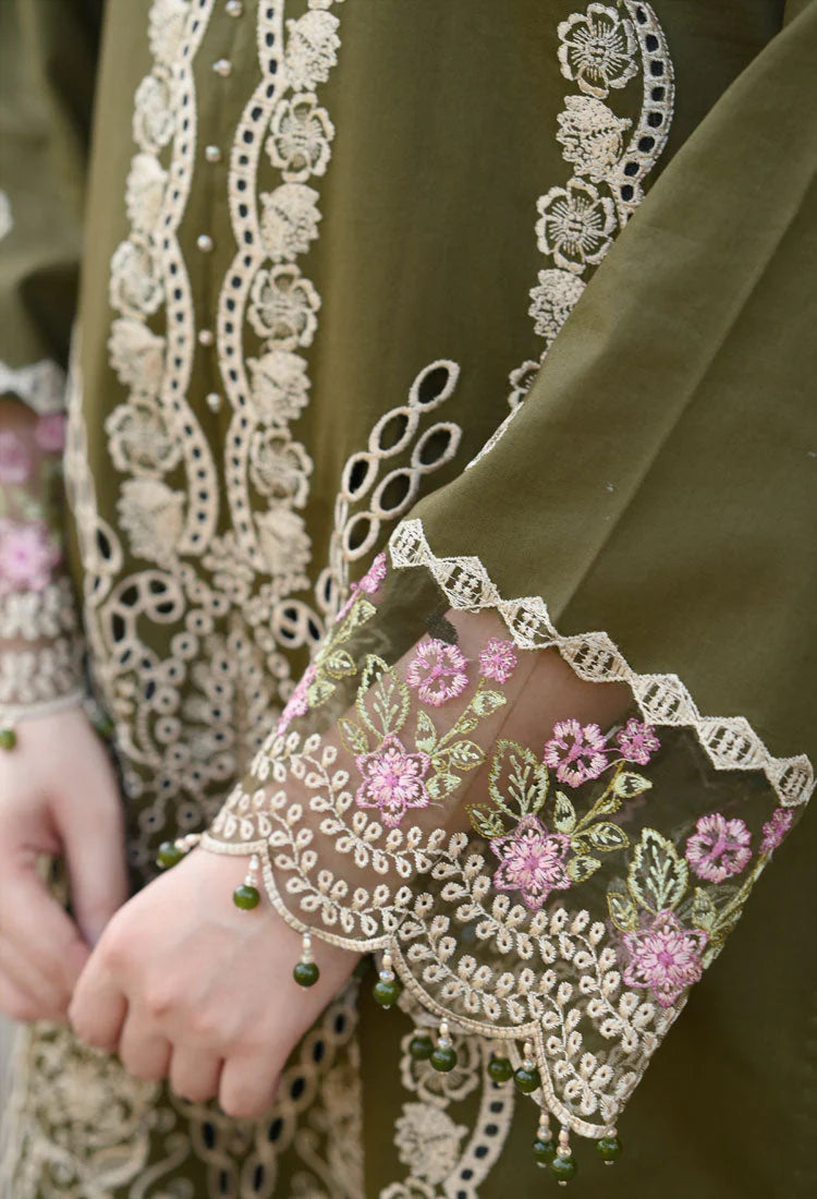 LIBAAS-3PC KARANDI EMBROIDERED SHIRT WITH KARANDI EMBROIDERED SHAWL & EMB TROUSER-W.J-1957