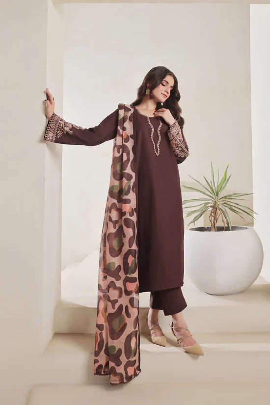 SAPPHIRE-3PC DHANAK EMBROIDERED SHIRT WITH COURTRAI PRINTED SHAWL AND TROUSER-W.J-2029