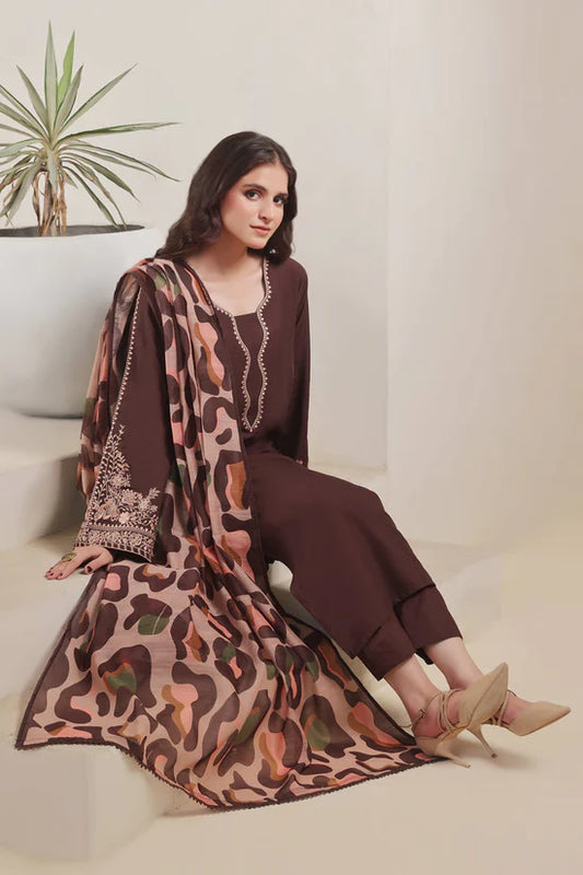 SAPPHIRE-3PC DHANAK EMBROIDERED SHIRT WITH COURTRAI PRINTED SHAWL AND TROUSER-W.J-2029