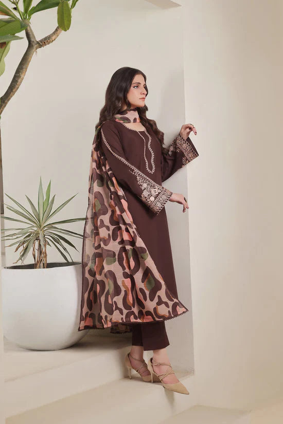 SAPPHIRE-3PC DHANAK EMBROIDERED SHIRT WITH COURTRAI PRINTED SHAWL AND TROUSER-W.J-2029