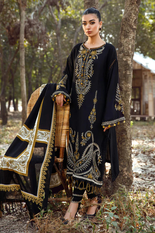 MARIA.B-3PC KHADDAR EMBROIDERED SHIRT WITH COURTRAI PRINTED SHAWL & TROUSER -W.J-1919
