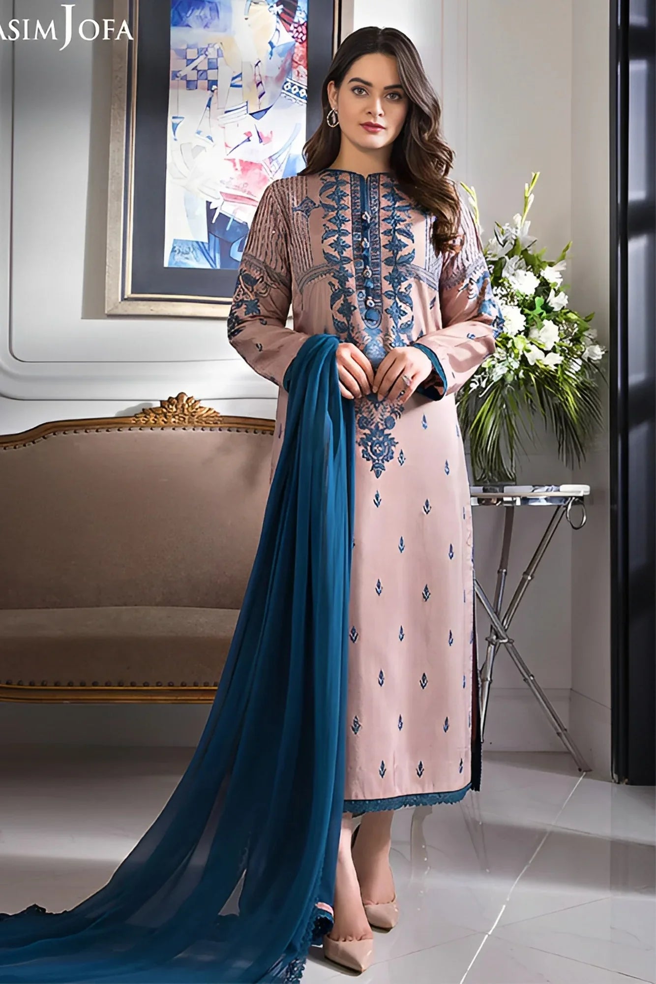ASIM JOFA-3PC DHANAK EMBROIDERED SHIRT WITH BAMBER CHIFFON DUPATTA-_W.J-1887