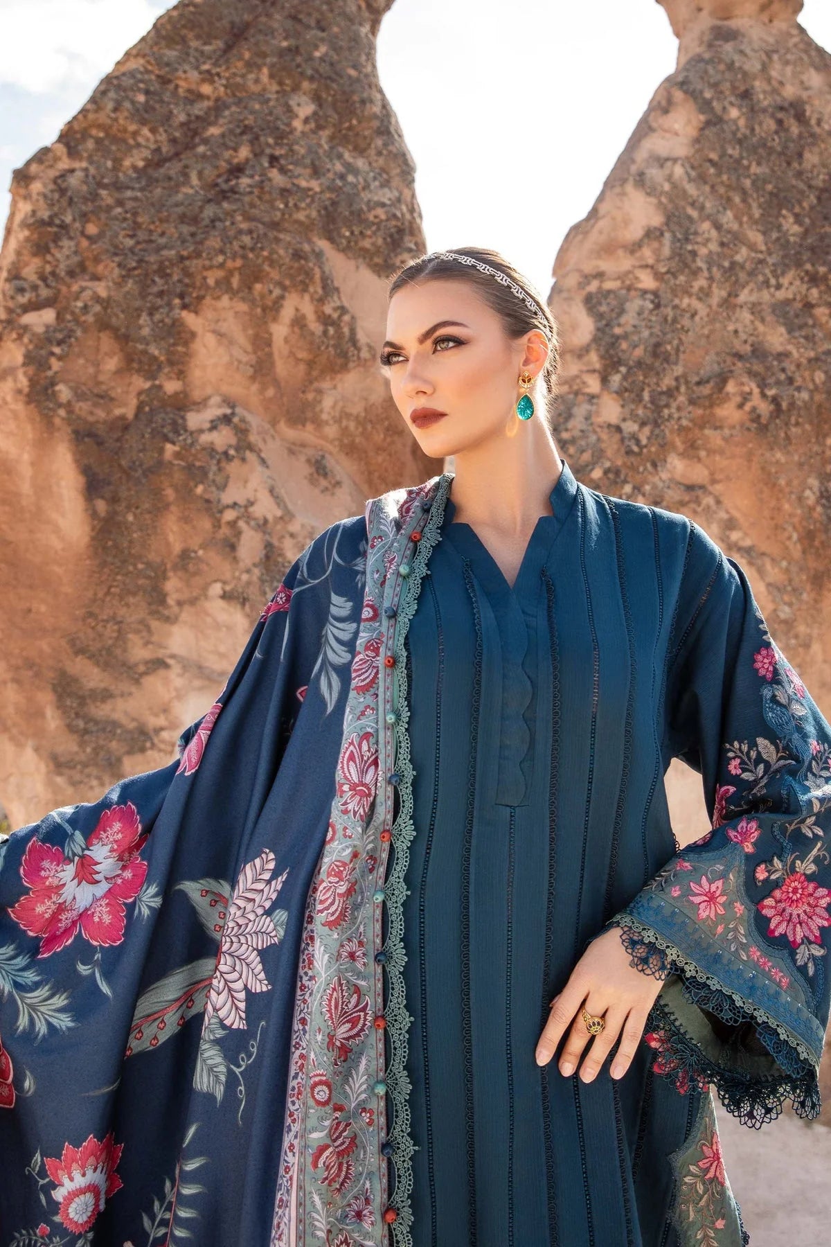 MARIA B - 3PC DHANAK EMBROIDERED SHIRT WITH COUTURE PRINT SHAWL AND TROUSER-W.J-1167