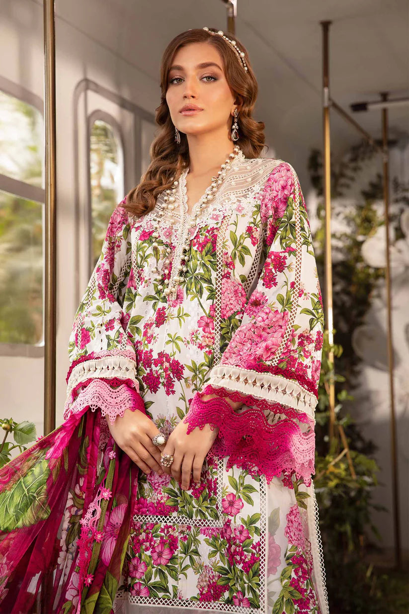 MARIA.B-3PC LAWN PRINTED EMB SHIRT WITH CHIFFON PRINT DUPATTA AND PRINT TROUSER-W.J-1785