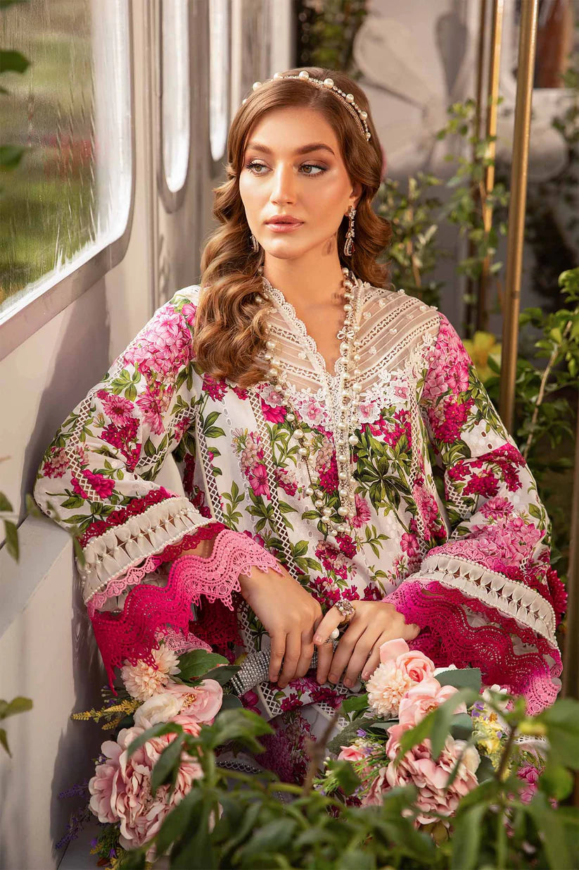 MARIA.B-3PC LAWN PRINTED EMB SHIRT WITH CHIFFON PRINT DUPATTA AND PRINT TROUSER-W.J-1785