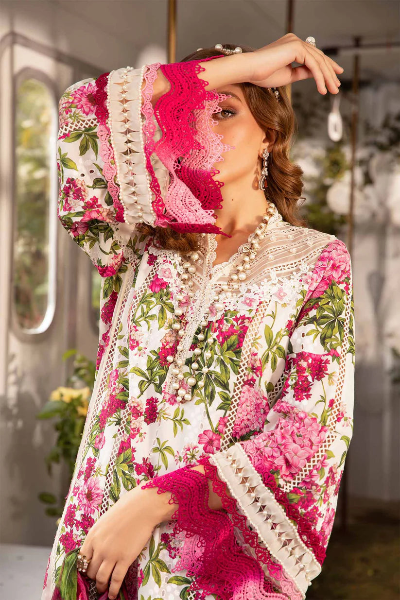 MARIA.B-3PC LAWN PRINTED EMB SHIRT WITH CHIFFON PRINT DUPATTA AND PRINT TROUSER-W.J-1785