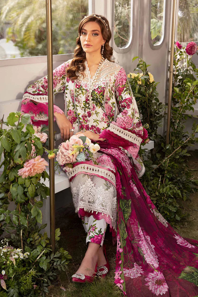 MARIA.B-3PC LAWN PRINTED EMB SHIRT WITH CHIFFON PRINT DUPATTA AND PRINT TROUSER-W.J-1785