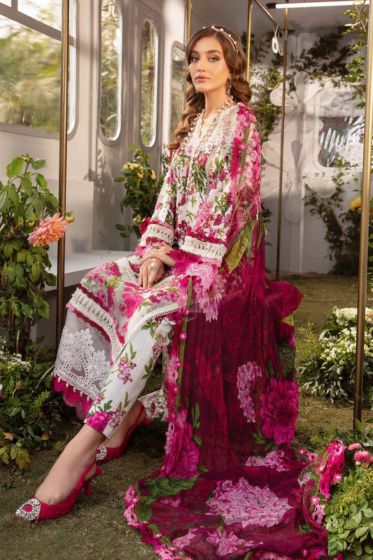 MARIA.B-3PC LAWN PRINTED EMB SHIRT WITH CHIFFON PRINT DUPATTA AND PRINT TROUSER-W.J-1785