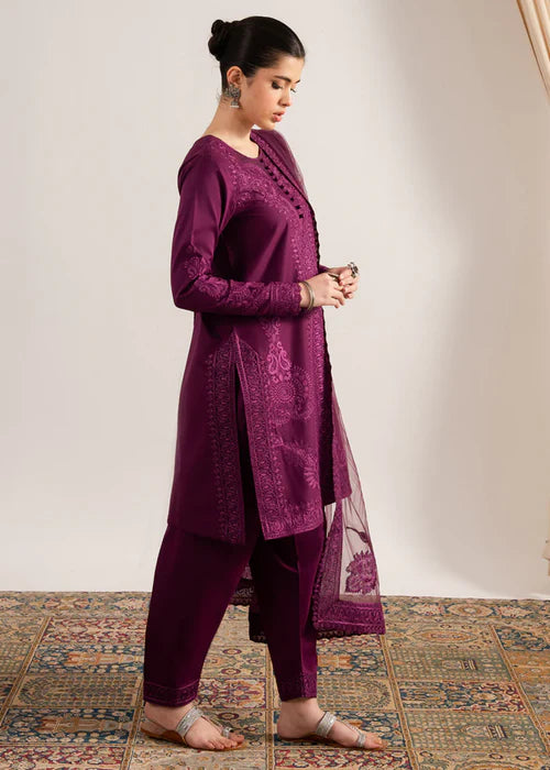 MARYAM & MARIA-3PC DHANAK EMBROIDERED SHIRT WITH ORGANZA EMBROIDERED DUPATTA & TROUSER-W.J-1736