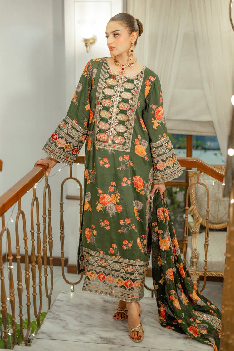 BAROQUE-3PC SHAMOZE SILK PRINTED EMBROIDERED SHIRT WITH SOFT SILK PRINTED EMB DUPATTA & PRINTED TROUSER-W.J-2057