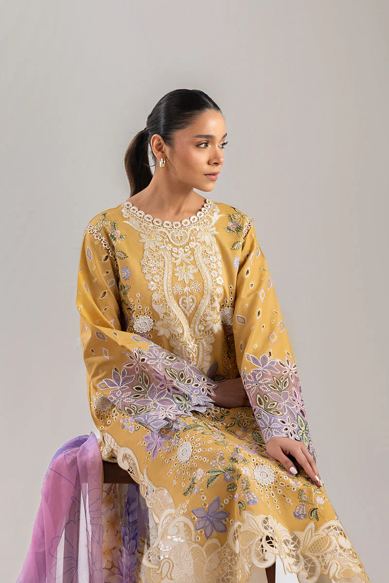 MUSHQ-3PC DHANAK CHIKAN EMBROIDERED SHIRT WITH COURTRAI PRINTED SHAWL & EMB TROUSER-W.J-1726