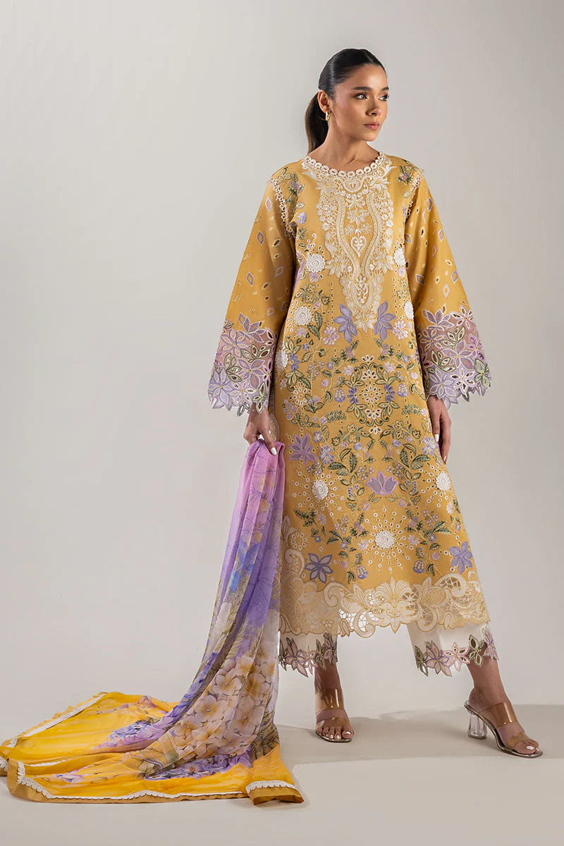 MUSHQ-3PC DHANAK CHIKAN EMBROIDERED SHIRT WITH COURTRAI PRINTED SHAWL & EMB TROUSER-W.J-1726