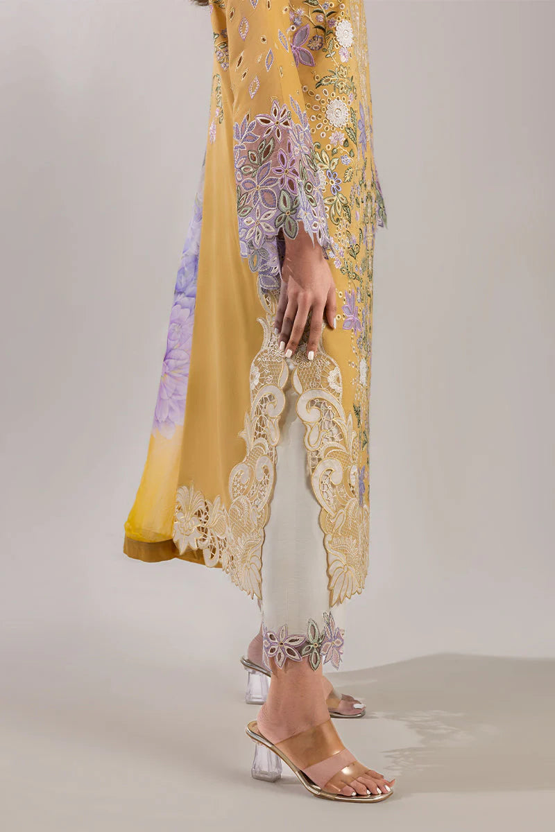 MUSHQ-3PC DHANAK CHIKAN EMBROIDERED SHIRT WITH COURTRAI PRINTED SHAWL & EMB TROUSER-W.J-1726