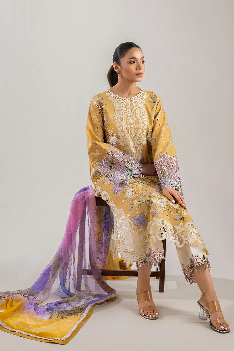 MUSHQ-3PC DHANAK CHIKAN EMBROIDERED SHIRT WITH COURTRAI PRINTED SHAWL & EMB TROUSER-W.J-1726