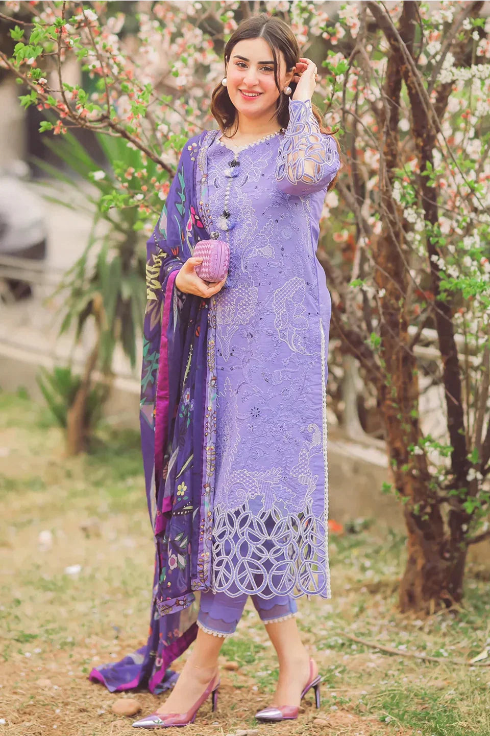 MUSHQ - 3PC DHANAK EMBROIDEREDSHIRT WITH COUTURE PRINTED SHAWL-W.J-1217