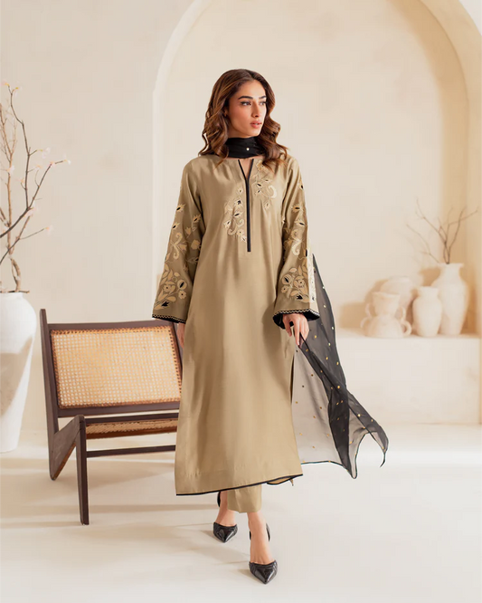 VINTAGE-3PC DHANAK EMBROIDERED SHIRT WITH CHIFFON EMB DUPATTA AND TROUSER-W.J-1996