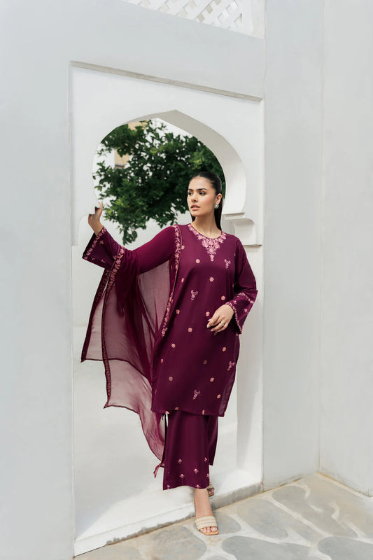 JAZMIN-3PC DHANAK EMBROIDERED SHIRT WITH CHIFFON EMBROIDRED DUPATTA-W.J-1095